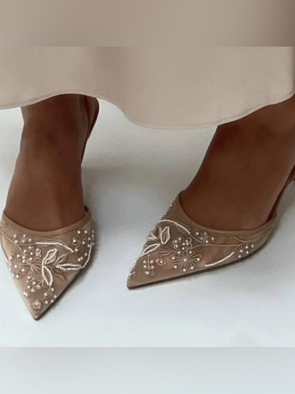 Zara Nude Mesh Embroidered Slingback Heels
